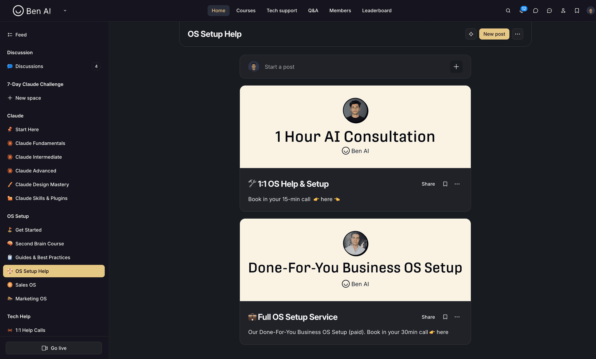 The Ben AI Accelerator community, open on its OS Setup Help space: 1:1 OS help and setup calls, and a done-for-you Business OS setup service
